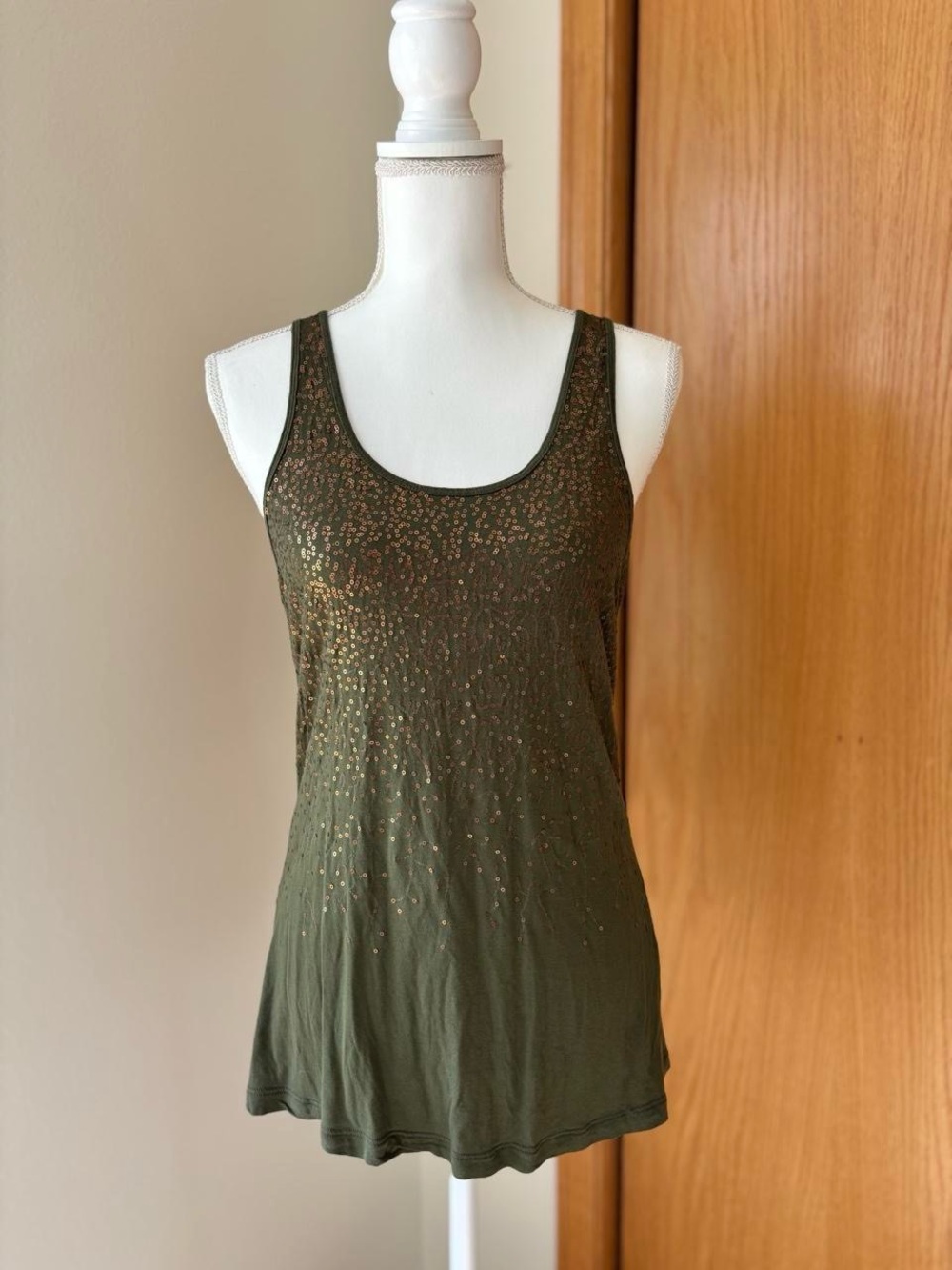 Y2K Old Navy Olive Green Tank with Gold Metallic Sequins